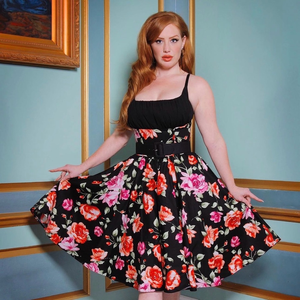 Floral Asymmetrical Dress - Black and Pink